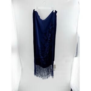 NWT Oscar de la Renta Silk Blend & Velvet Floral Fringe Large Scarf Navy Blue